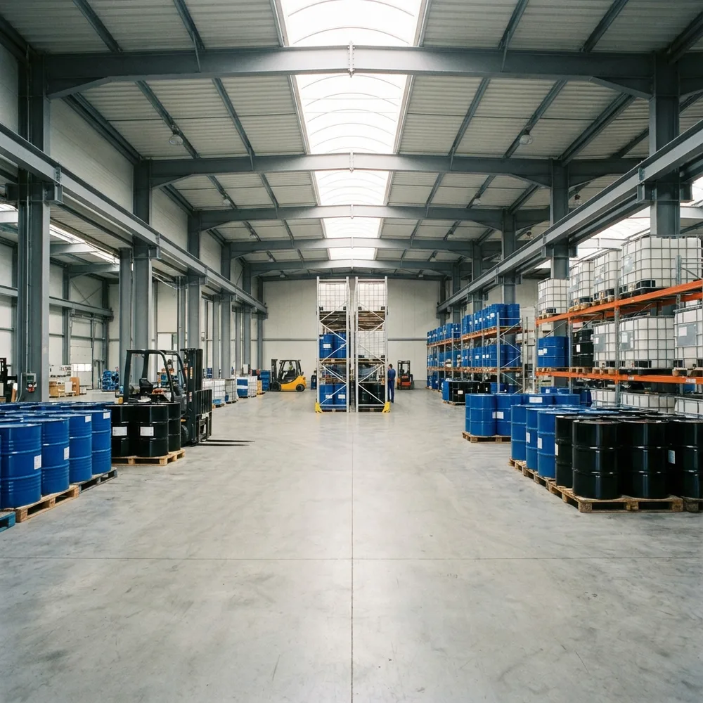 Steel drums, plastic drums and IBC tanks stored on pallets in an industrial packaging warehouse